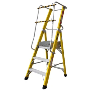 Escalera Tijera Fibra Vidrio Con Plataforma de Seguridad 3 Peldaños Alto 1.84 M R-150 K / Magna Plus